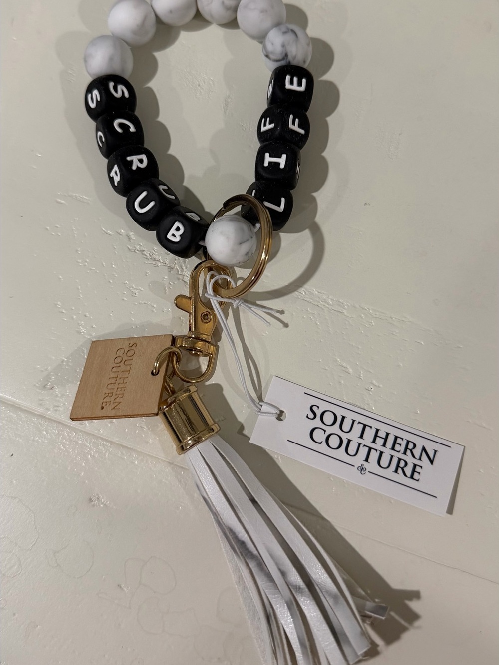 Southern Couture White & Black Beaded Keyring with Tassel